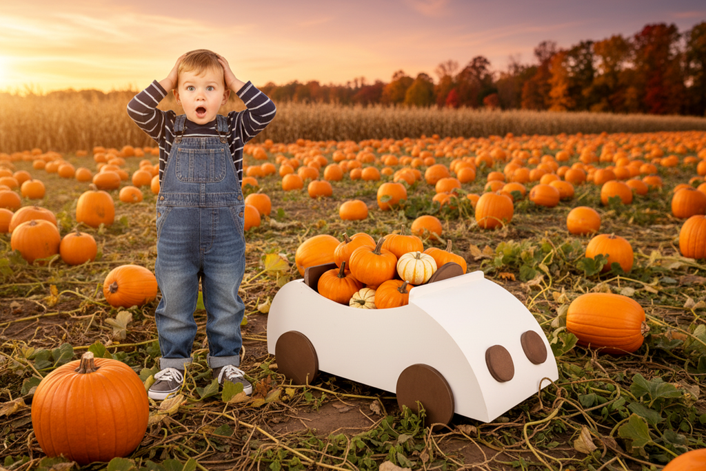 Alt text:
Toddler stands in pumpkin patch beside VW beetle cabrio newborn photography prop filled with pumpkins.