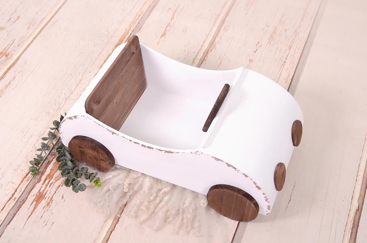 VW White Rustic Wooden Convertible Car for Newborn Photography by Newborn Studio Props