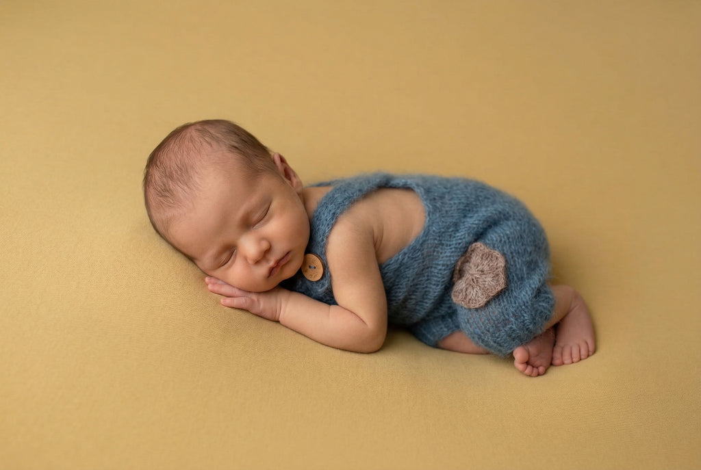 Newborn baby sleeping on a beige blanket wearing a blue knitted outfit.