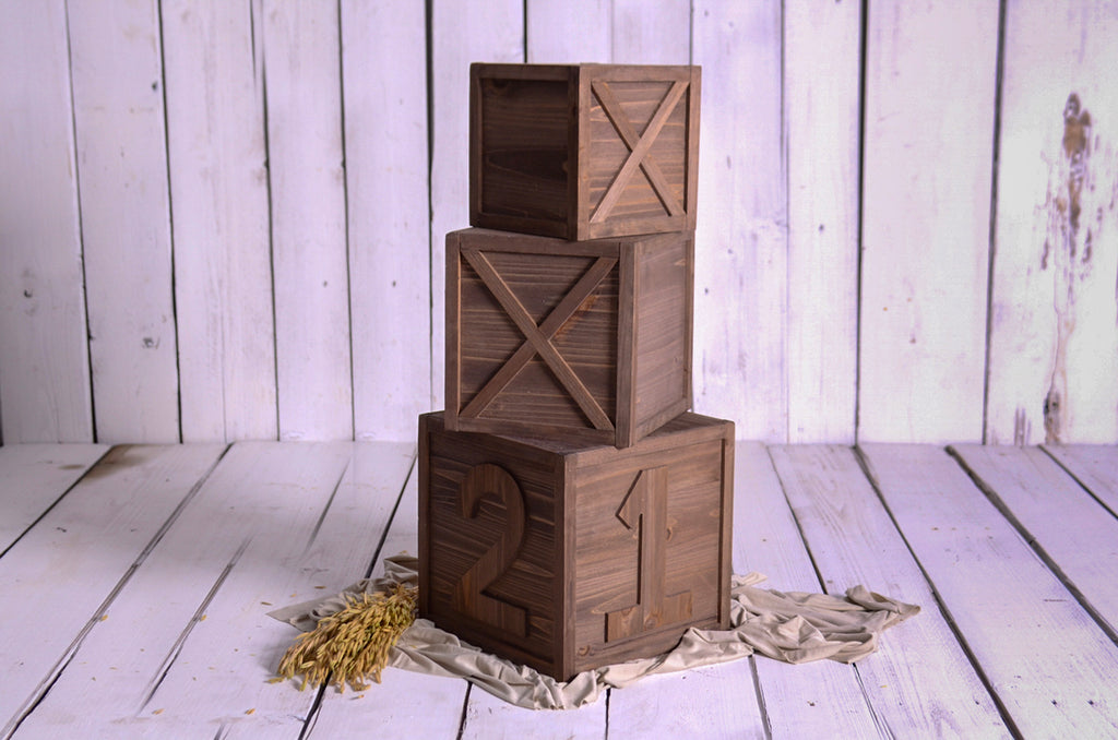Set of 3 stacked brown boxes with carved numbers, newborn photography prop for milestone sessions.
