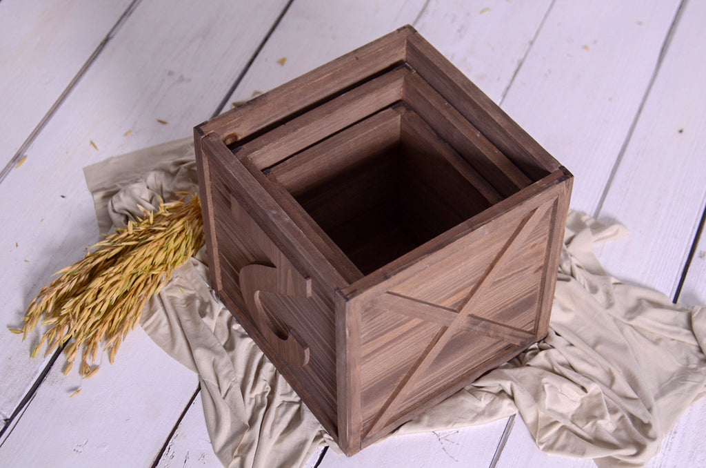 Open view of nested brown crates with carved number, versatile newborn photography prop for cakesmash.