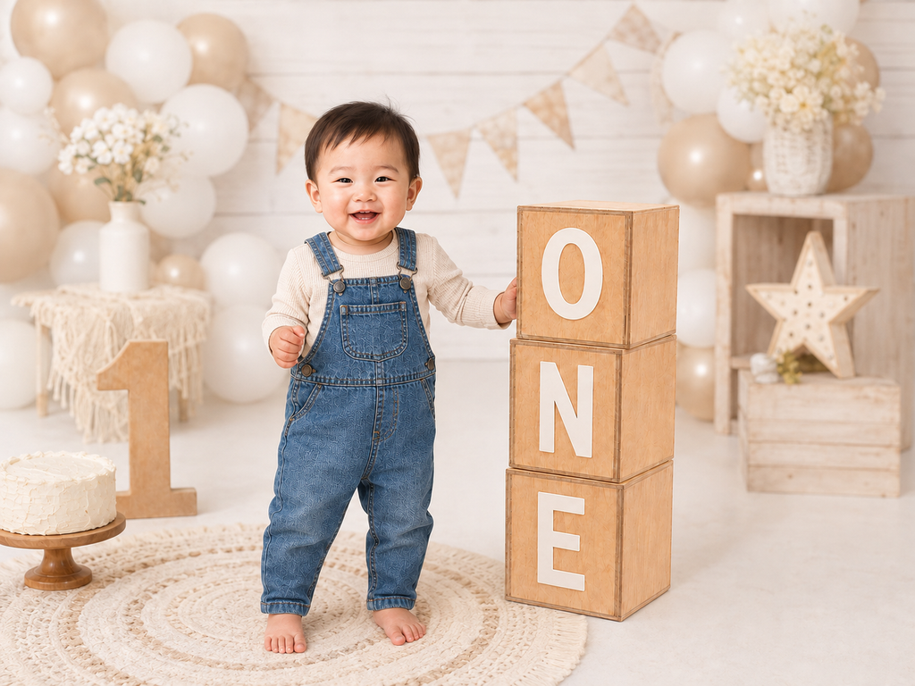 A smiling toddler stands in a decorated first birthday photography set, holding a stack of 3 wooden blocks that spell ONE. Cake smash boxes.