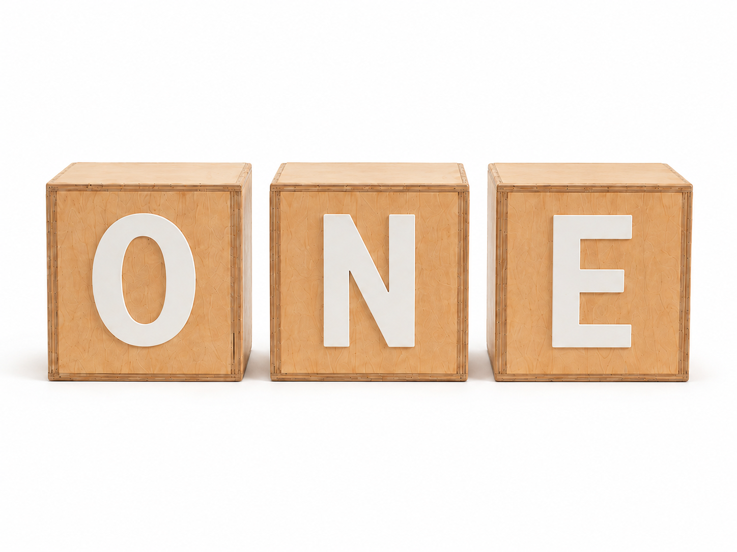 Three wooden letter blocks spelling the word ONE, designed for cake smash photography and milestone sessions.