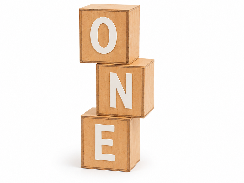 Three stacked wooden boxes, each block featuring a large white letter that spells the word ONE. Handmade for cake smash photography and milestone sessions.