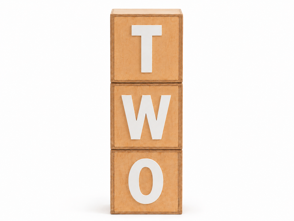 Three stacked wooden boxes, each block featuring a large white letter that spells out the word 'TWO', ideal for birthday and cake smash photography session.