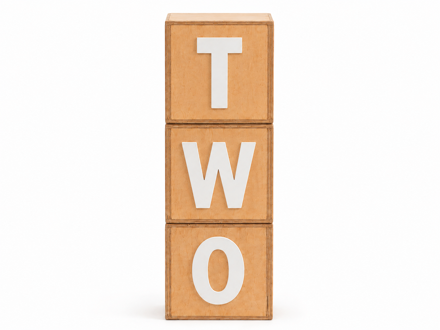Three stacked wooden boxes, each block featuring a large white letter that spells out the word 'TWO', ideal for birthday and cake smash photography session.