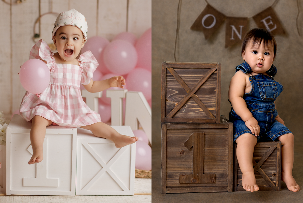 Newborn photography prop set featuring white and brown wooden "ONE" boxes, perfect for cake smash sessions and milestone setup.