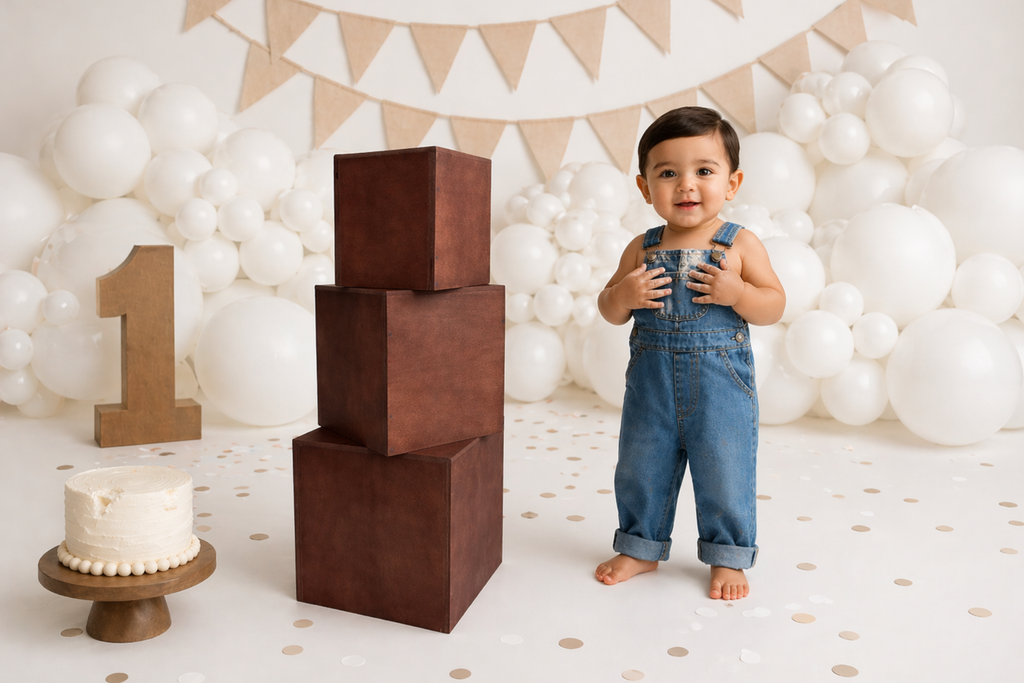Child in denim overalls standing next to stacked brown blocks with a small cake and balloons in the background. milestone session