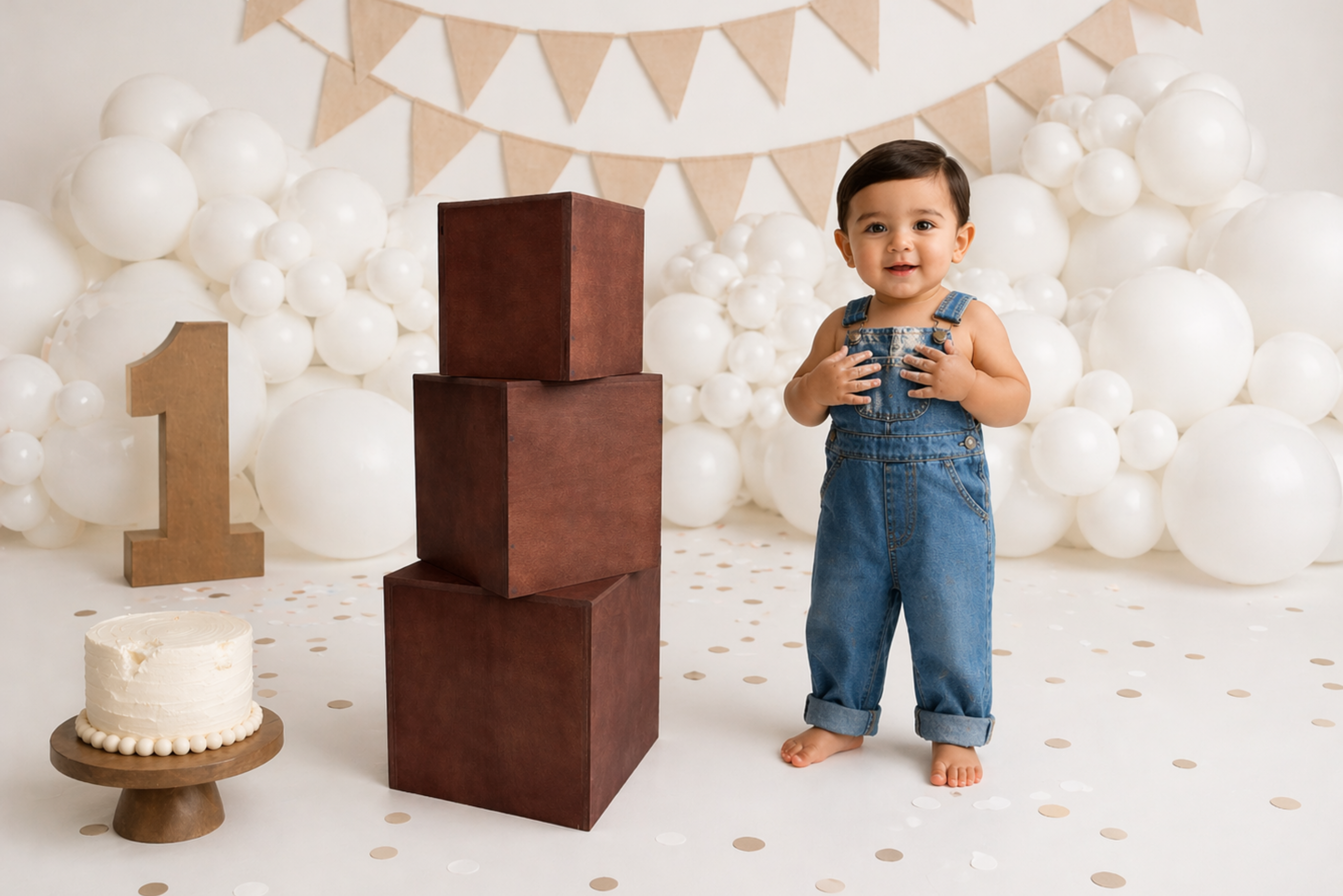 Child in denim overalls standing next to stacked brown blocks with a small cake and balloons in the background. milestone session