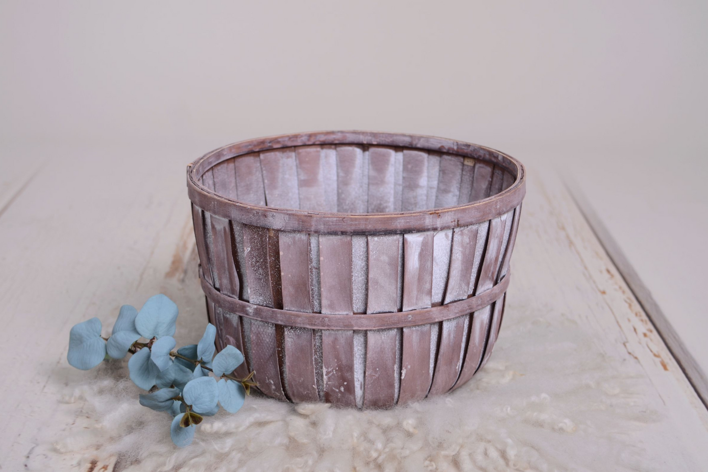 Vintage wooden bucket prop with rustic finish. Perfect for newborn photography sessions. Available for purchase at Newborn Studio Props.
