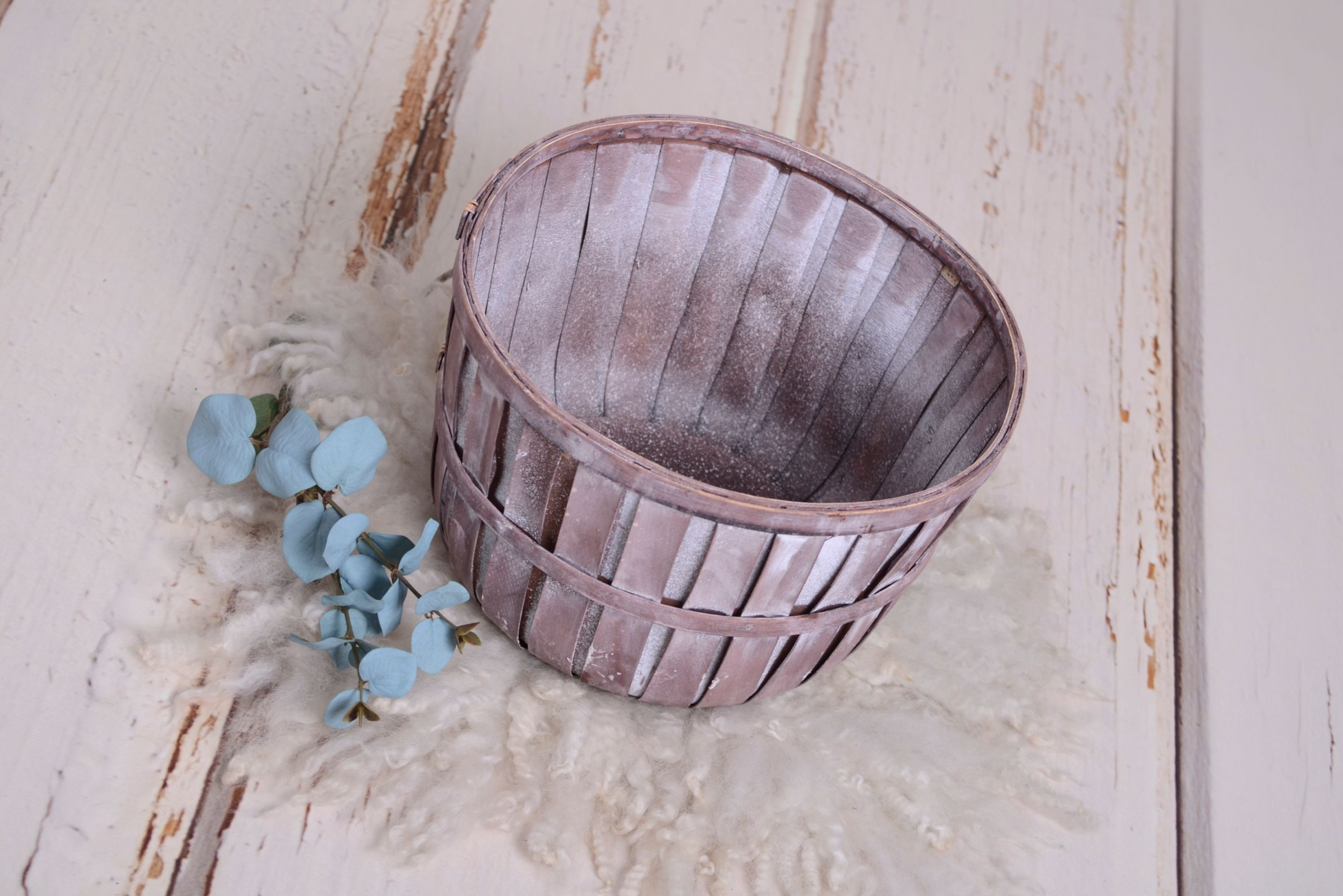 Vintage wooden bucket prop with rustic finish. Perfect for newborn photography sessions. Available for purchase at Newborn Studio Props.