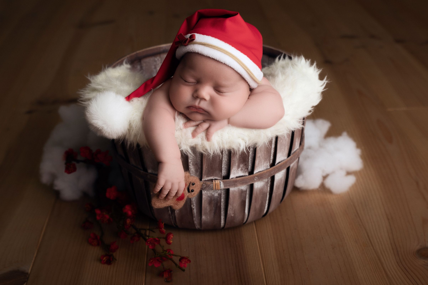 Vintage wooden bucket prop with rustic finish. Perfect for newborn photography sessions. Available for purchase at Newborn Studio Props.