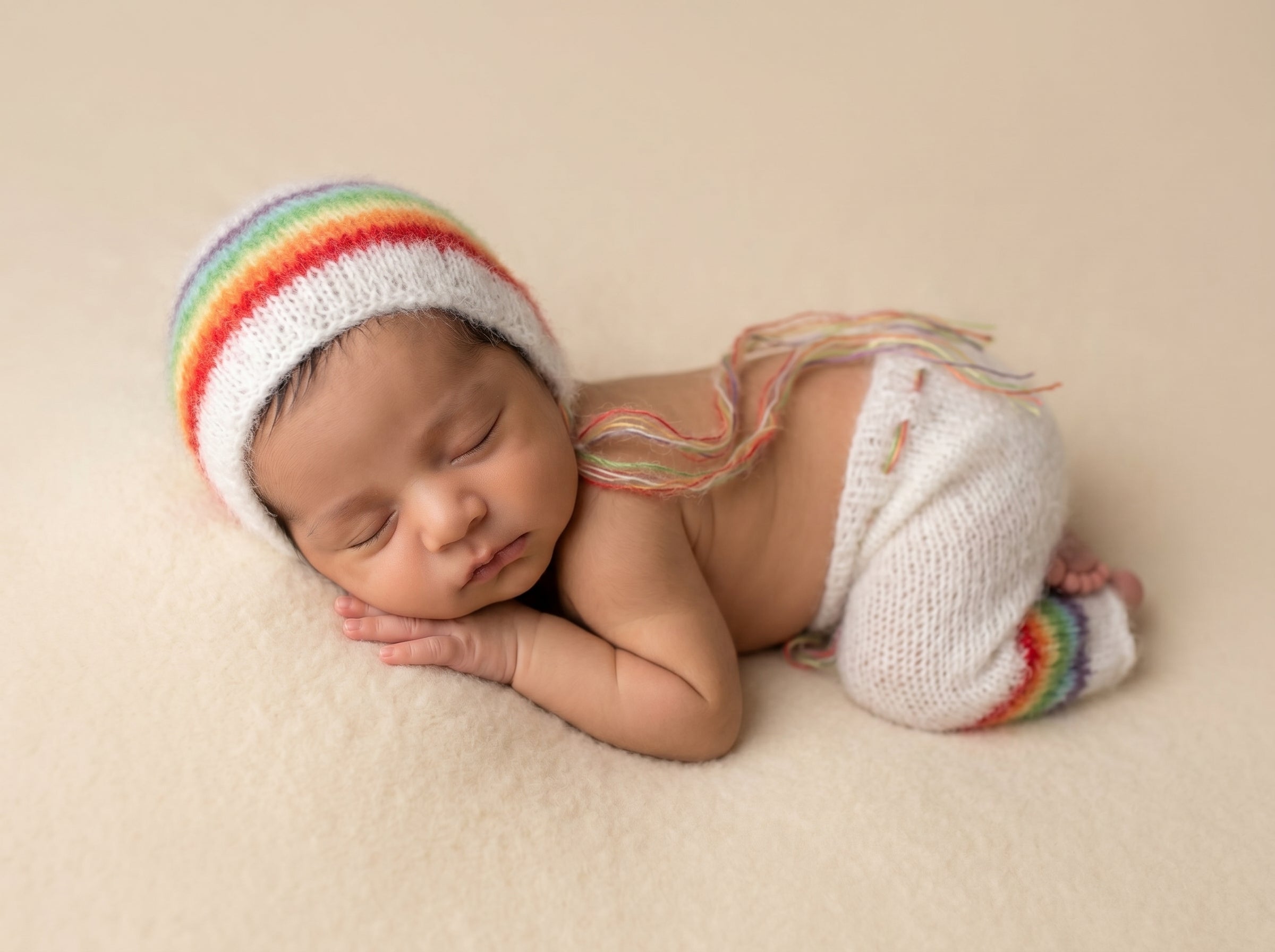 Newborn baby wearing a colorful rainbow outfit on a photoshoot