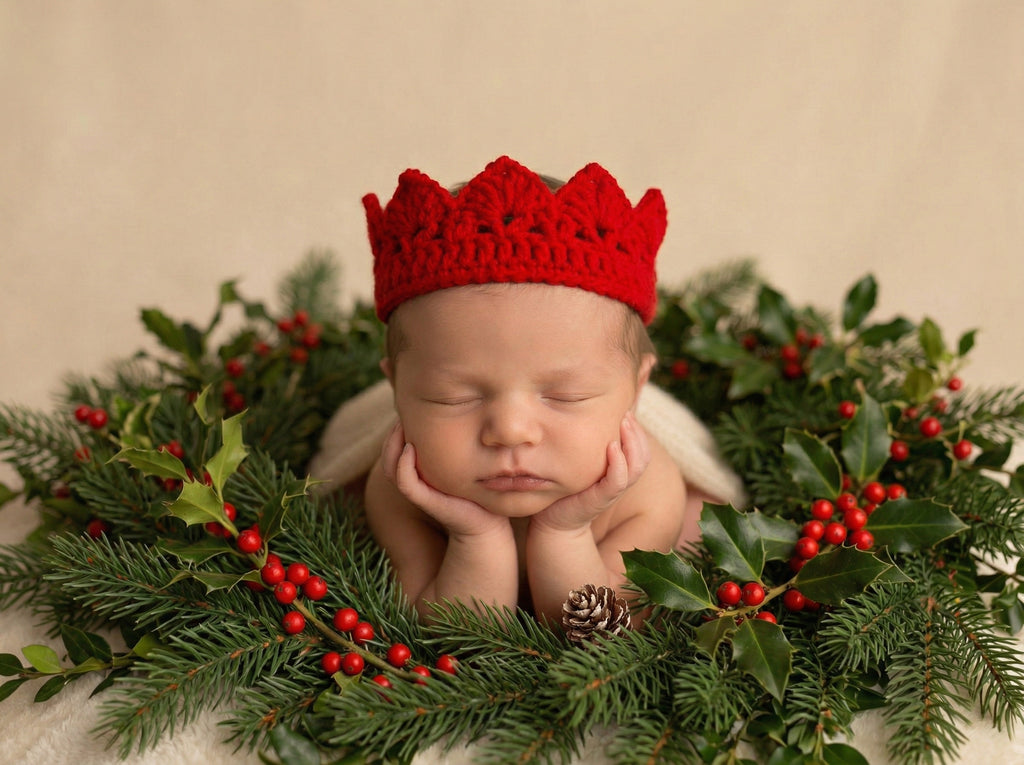 Newborn baby wearing a red crocheted crown surrounded by Christmas foliage on a beige background