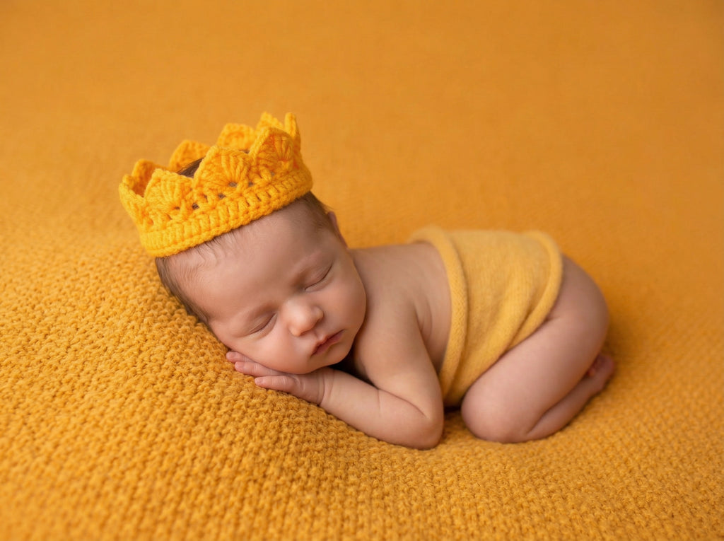 Newborn baby wearing a yellow crocheted crown and matching outfit on a yellow background
