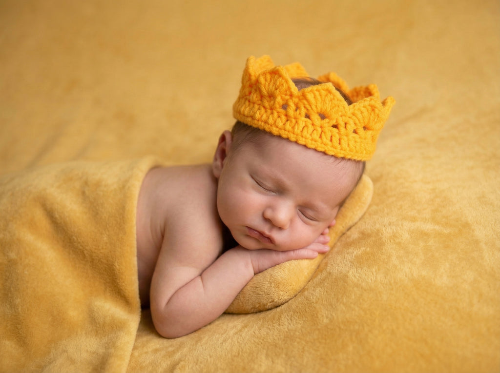 Newborn baby wearing a yellow crocheted crown on a yellow blanket