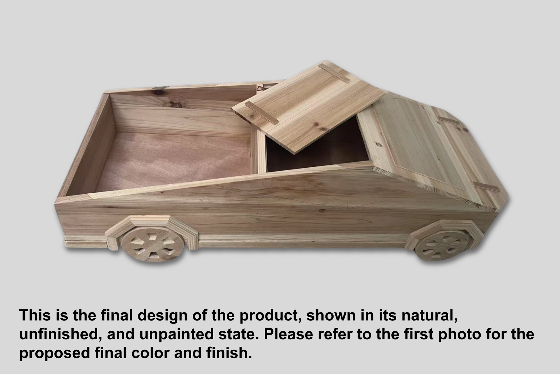 Modern wooden Cyber Prop Truck prop for newborn photography, featuring smooth craftsmanship and intricate wheels. Great for babies and sitters.