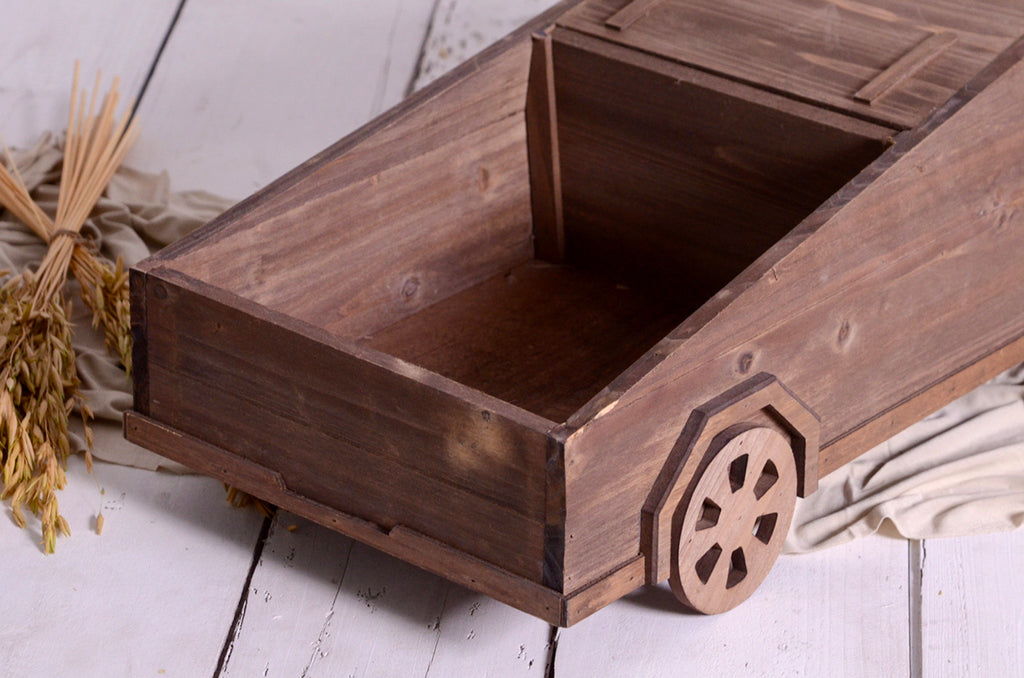 Rear view of wooden tesla cyber truck newborn photography prop highlighting deep compartment space.