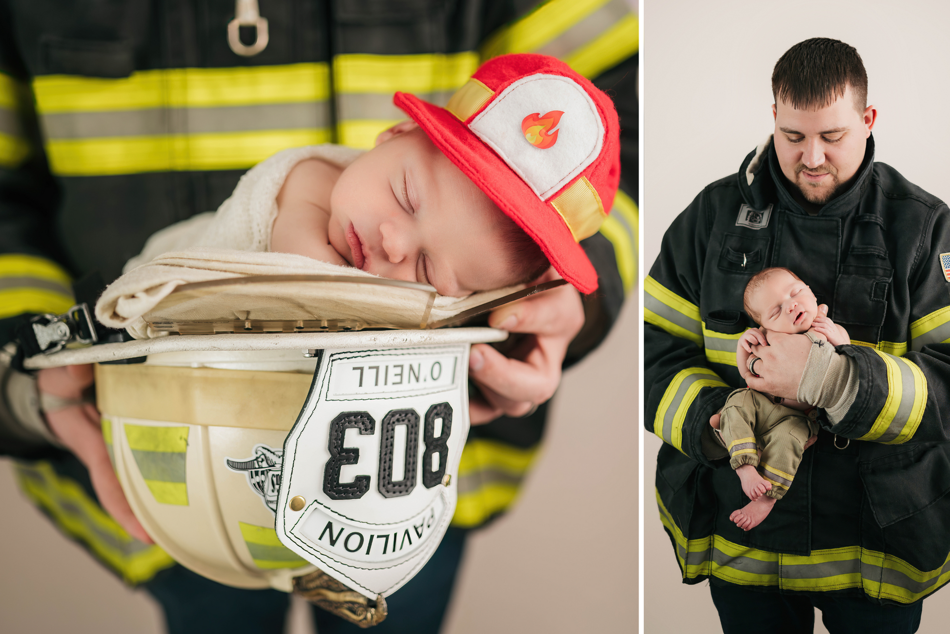 Newborn asleep in helmet, firefighter outfit newborn photography prop, with proud parent.