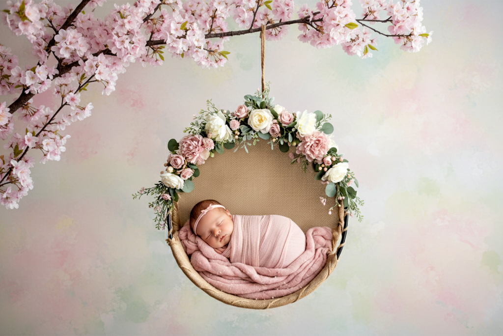 Newborn photography prop featuring a floral round swing with soft pink wrap and cherry blossom backdrop.