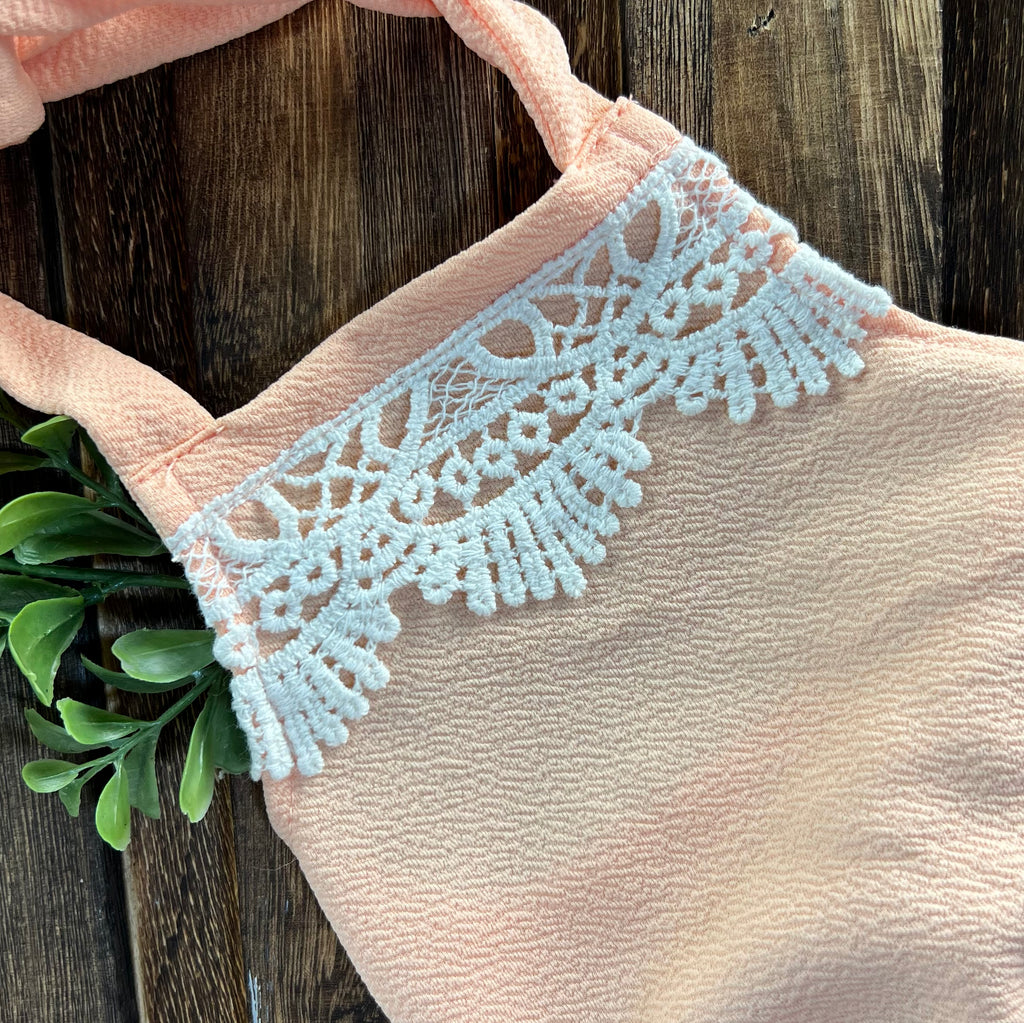 Bohemian Stitch Romper with Lace - Textured - Peach