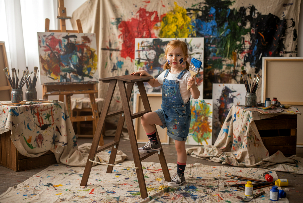 Wooden step ladder in brown, styled as a baby photography prop in a colorful art studio setup.