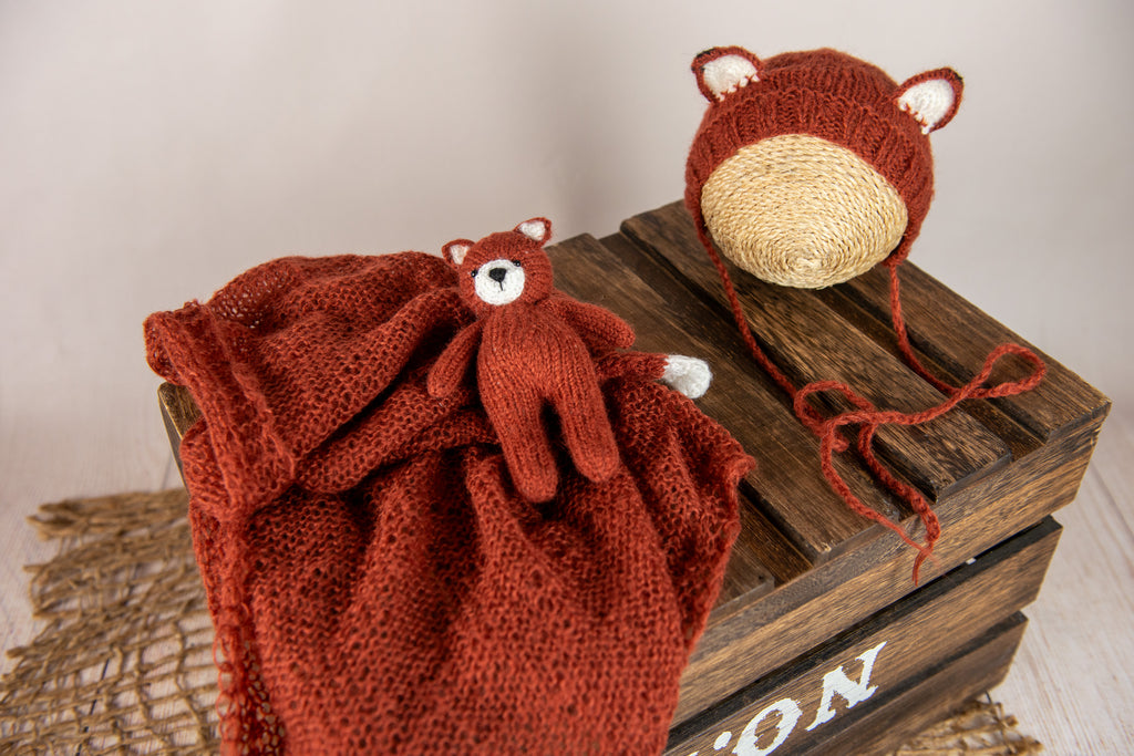 Cozy dark orange mohair newborn photography prop set with a cute fox bonnet and wrap.