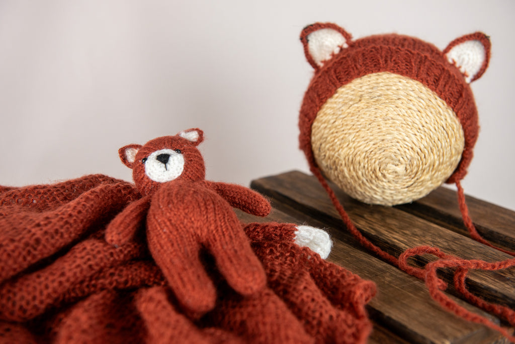 Cozy dark orange mohair newborn photography prop set with a cute fox bonnet and wrap.