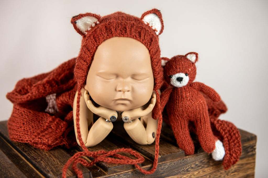 Cozy dark orange mohair newborn photography prop set with a cute fox bonnet and wrap.