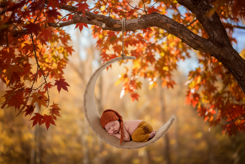 Newborn photography prop: rustic moon swing hammock with fall leaves, baby in knit hat and acorn pants.