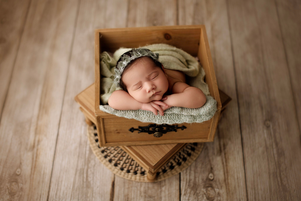 Rustic wooden box prop adorned with an ornate black latch, accompanied by delicate white fluff and a trailing green plant, set against a textured white backdrop. Perfect for newborn photography sessions. Available at Newborn Studio Props.