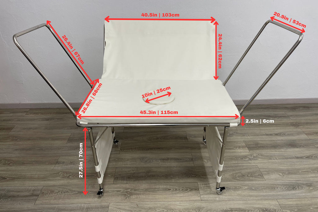 Adjustable Newborn Posing Table with wheels—essential for precise baby positioning in studio or on-location photography.