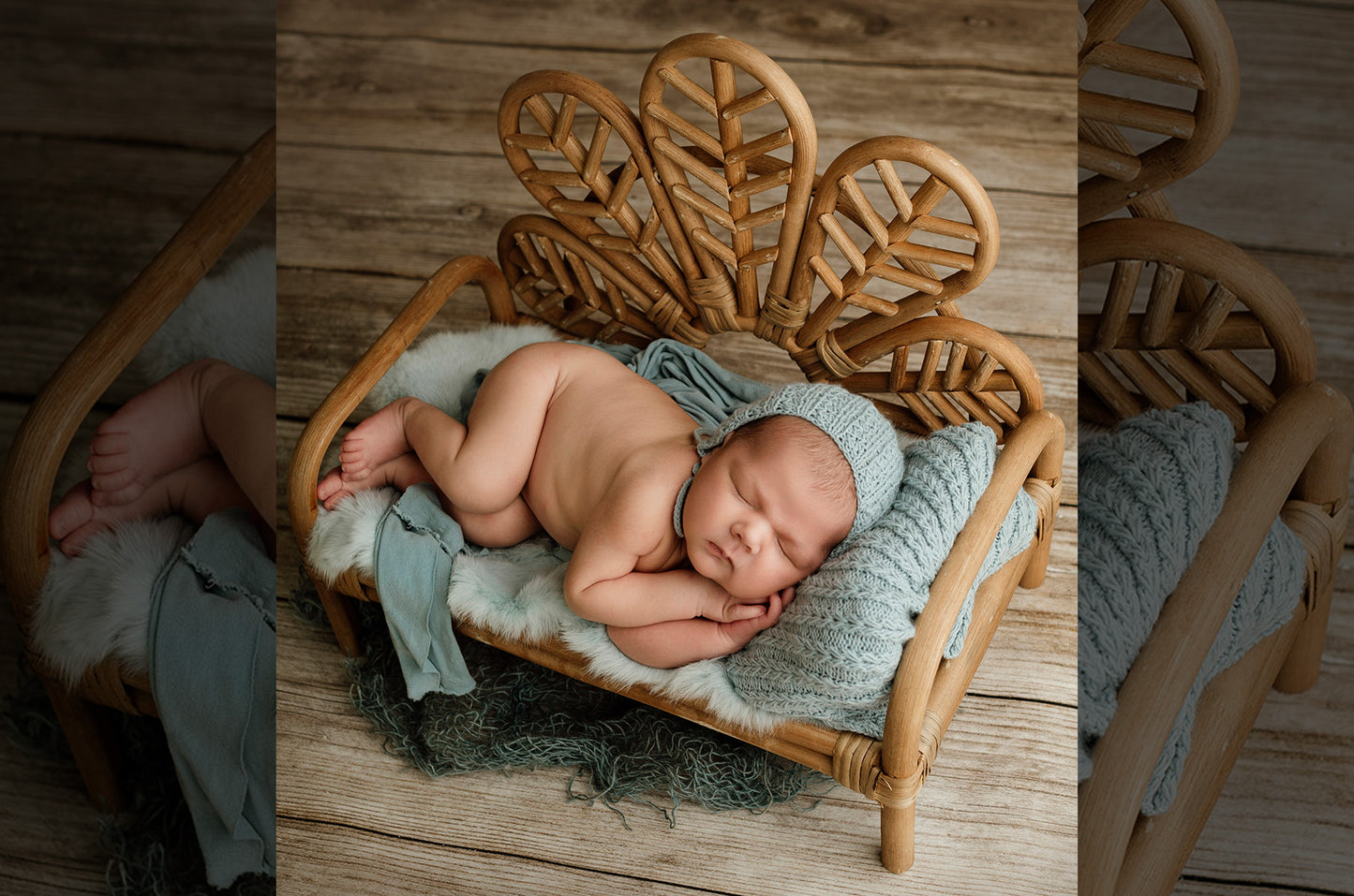 Handcrafted rattan bench with intricately woven leaf-shaped backrest, showcased on a distressed white wooden backdrop with soft faux fur and decorative greenery at the base. Ideal prop for newborn photography sessions, available exclusively at https://newbornstudioprops.com/