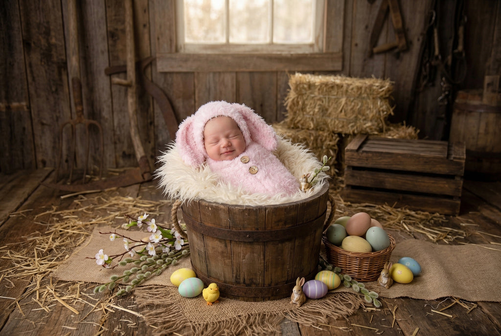 Newborn baby in a pink bunny outfit in a rustic setting with Easter eggs and hay.