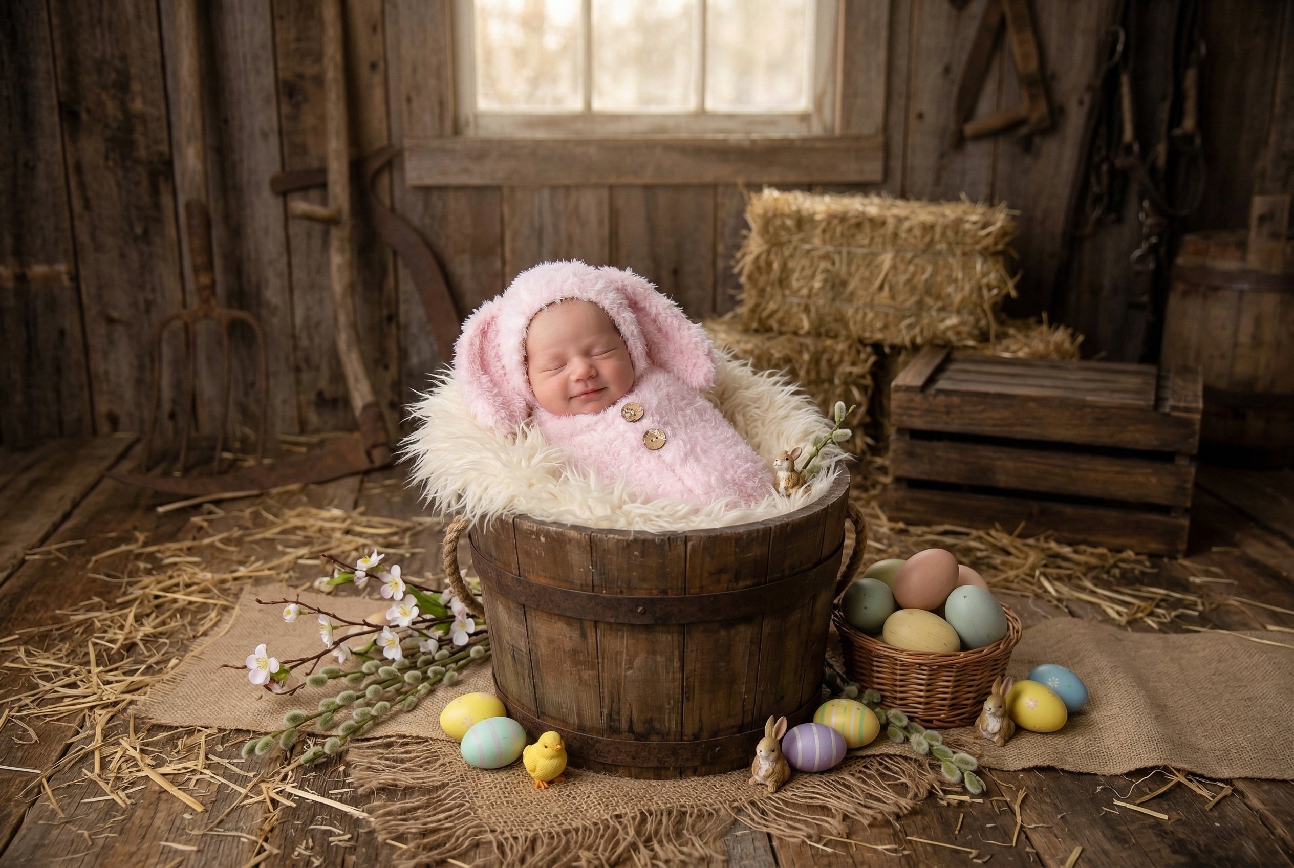 Newborn baby in a pink bunny outfit in a rustic setting with Easter eggs and hay.
