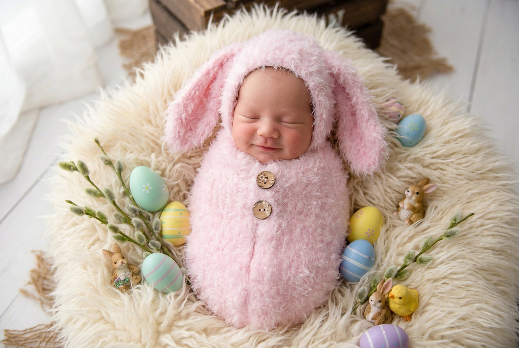 Newborn baby in a pink bunny outfit surrounded by Easter eggs and decorations on a fluffy rug.