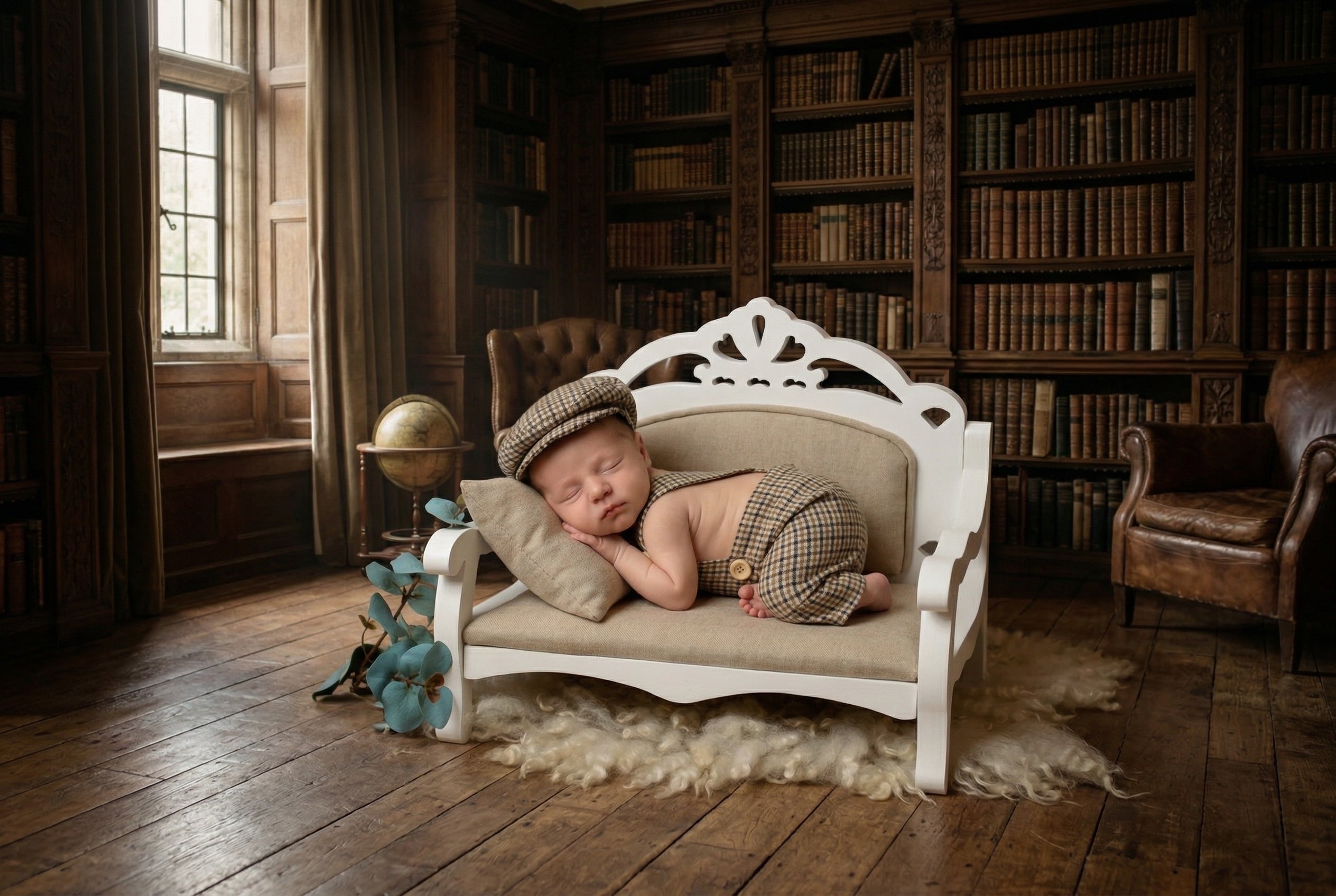 Newborn baby in plaid outfit and hat sleeping on a small white bed in a library setting.