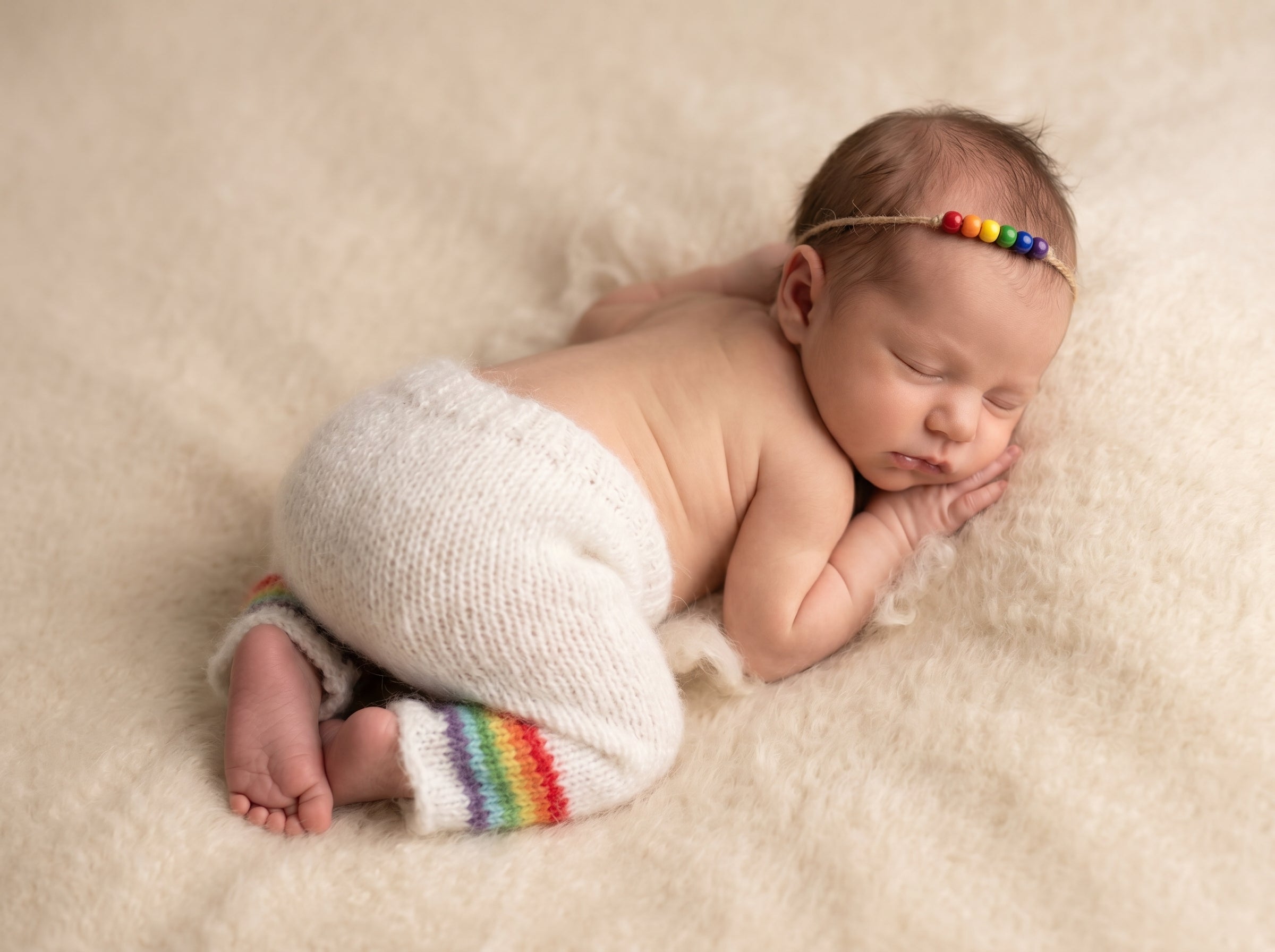 Newborn baby wearing a rainbow headband and striped pants