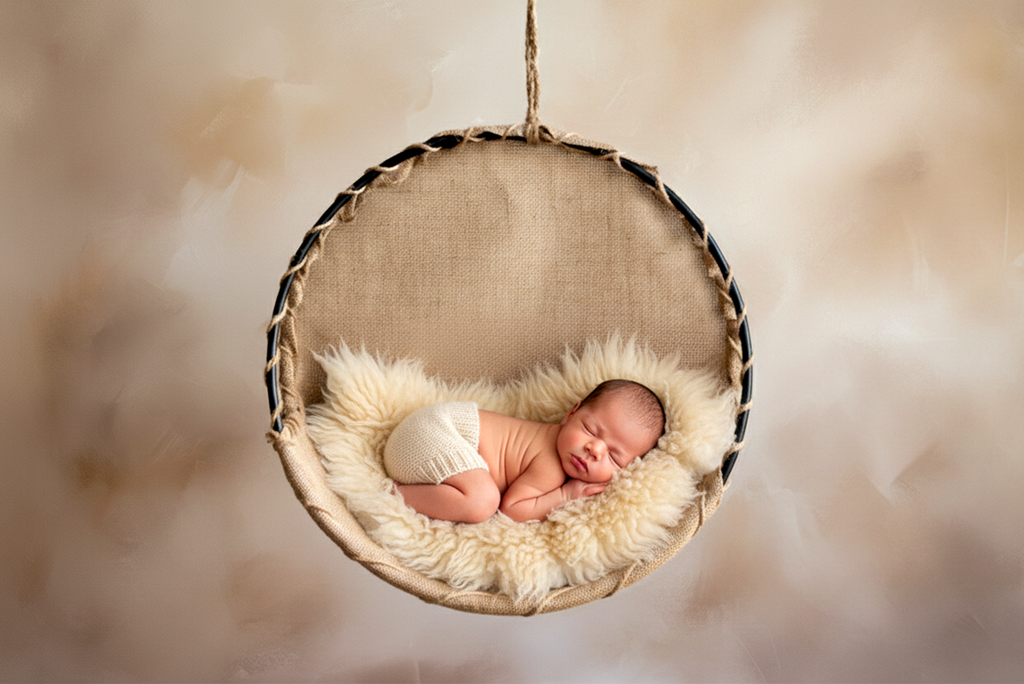 Newborn photography prop featuring a round burlap swing with soft fur, cradling a sleeping baby.