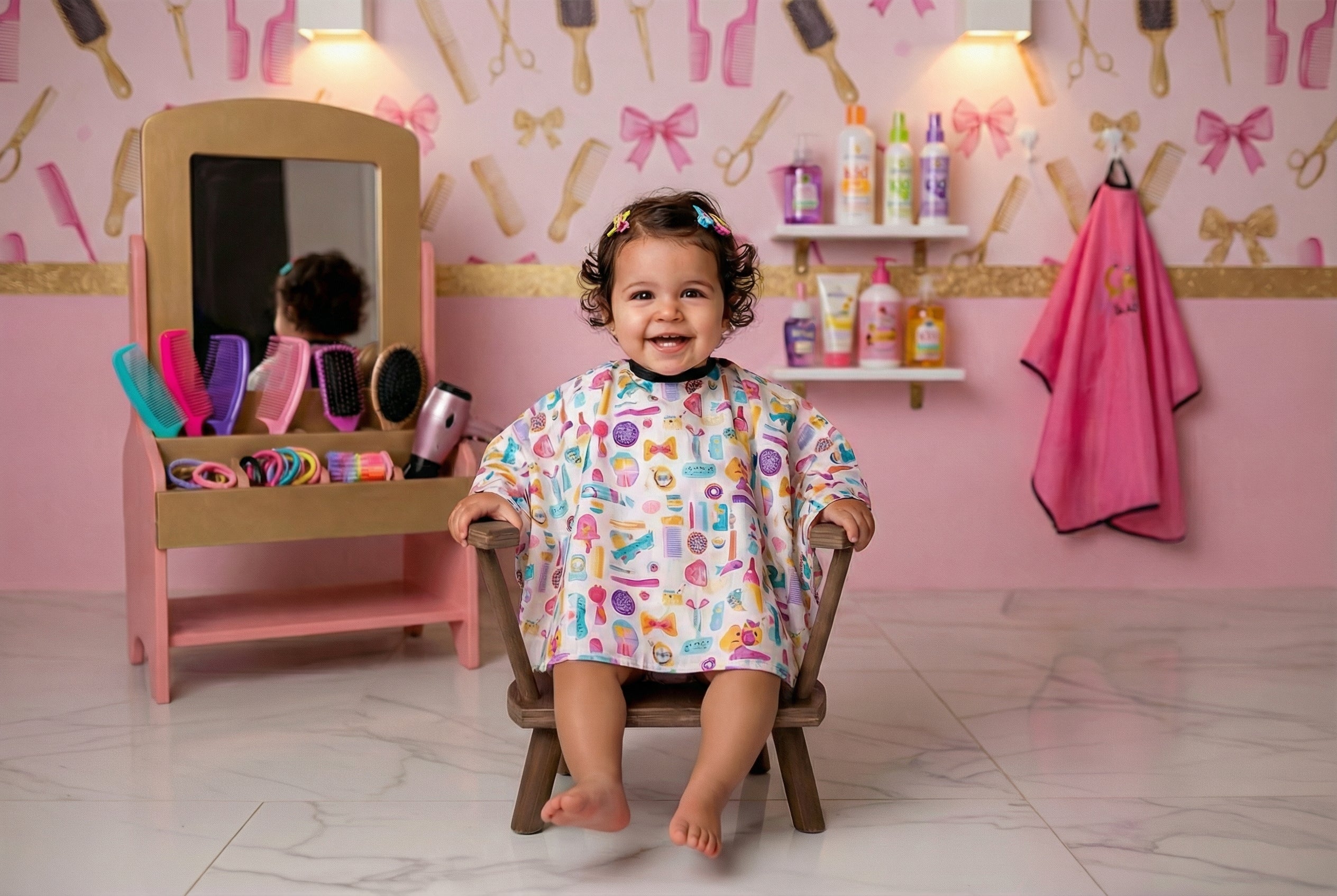 Smiling baby girl seated on Round Orbit Chair newborn photography prop, styled hair salon set with hair dryer, hairstyle products and props, warm and classic mood.