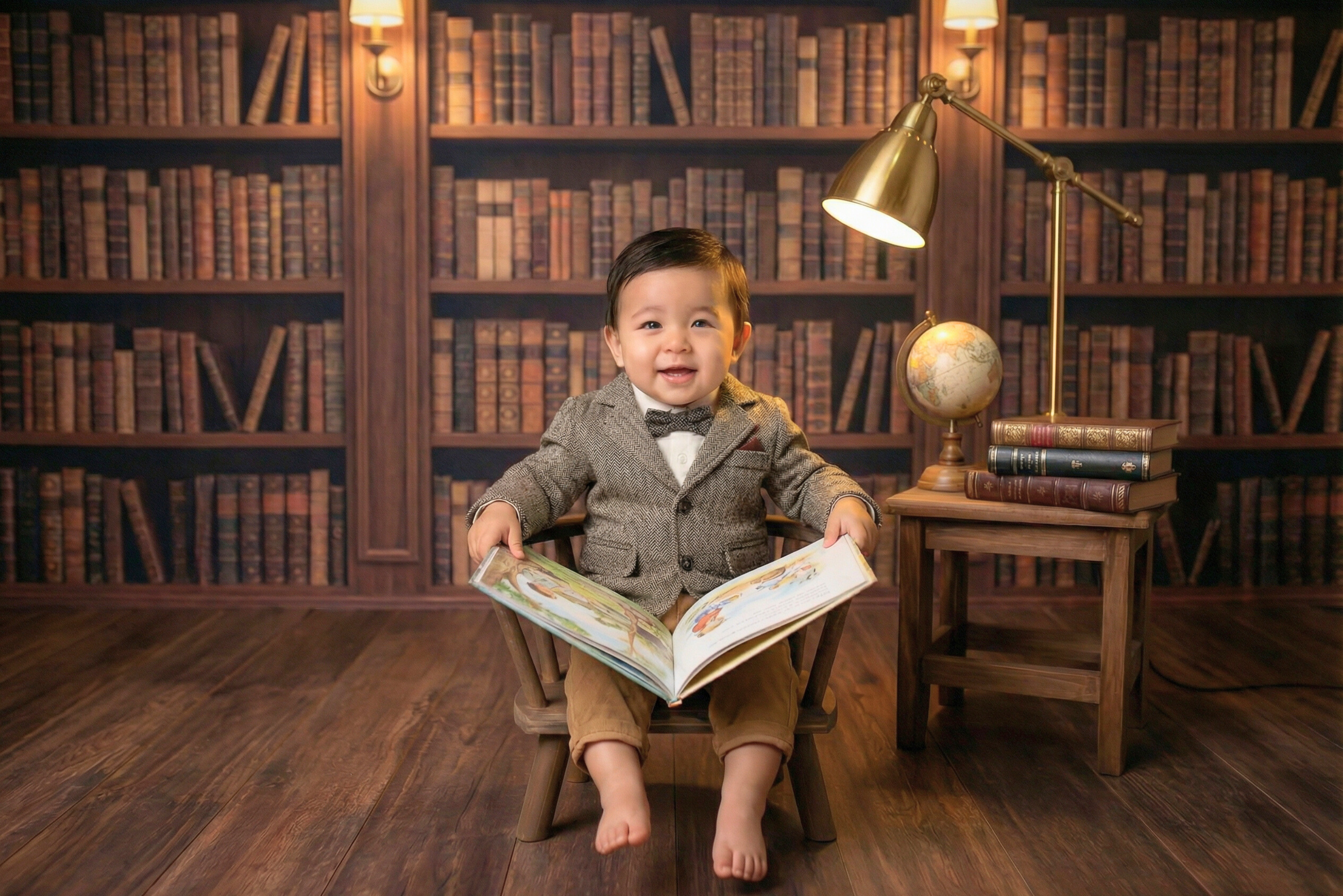 Smiling Asian baby seated on Round Orbit Chair newborn photography prop, styled library set with books, warm and classic mood.