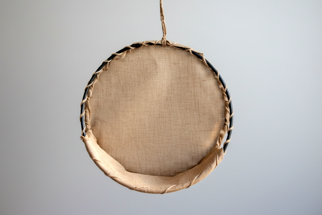 Hanging round swing newborn photography prop with burlap fabric and rope, perfect for rustic or boho styled shoots.