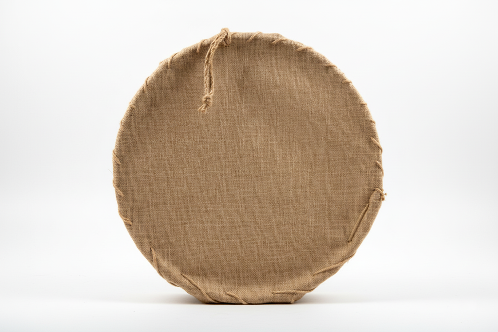 Round rustic swing with burlap cover, a charming newborn photography prop for natural styled shoots. Back view.