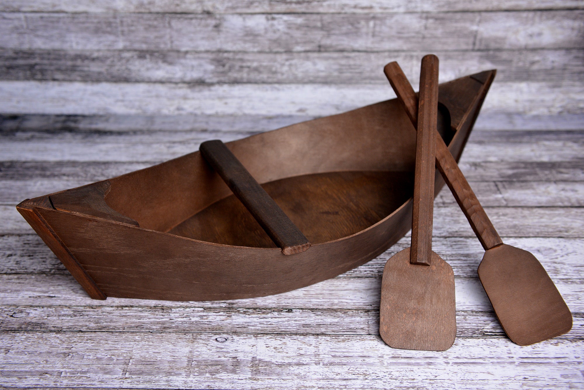 Rustic wooden boat newborn photography prop with matching oars