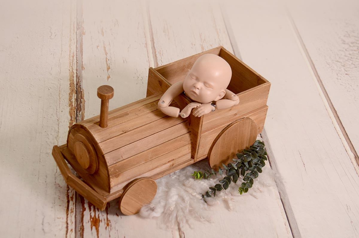 Rustic wooden train prop for newborn photography, ideal for creating charming vintage-themed baby photoshoots, Newborn Studio Props product