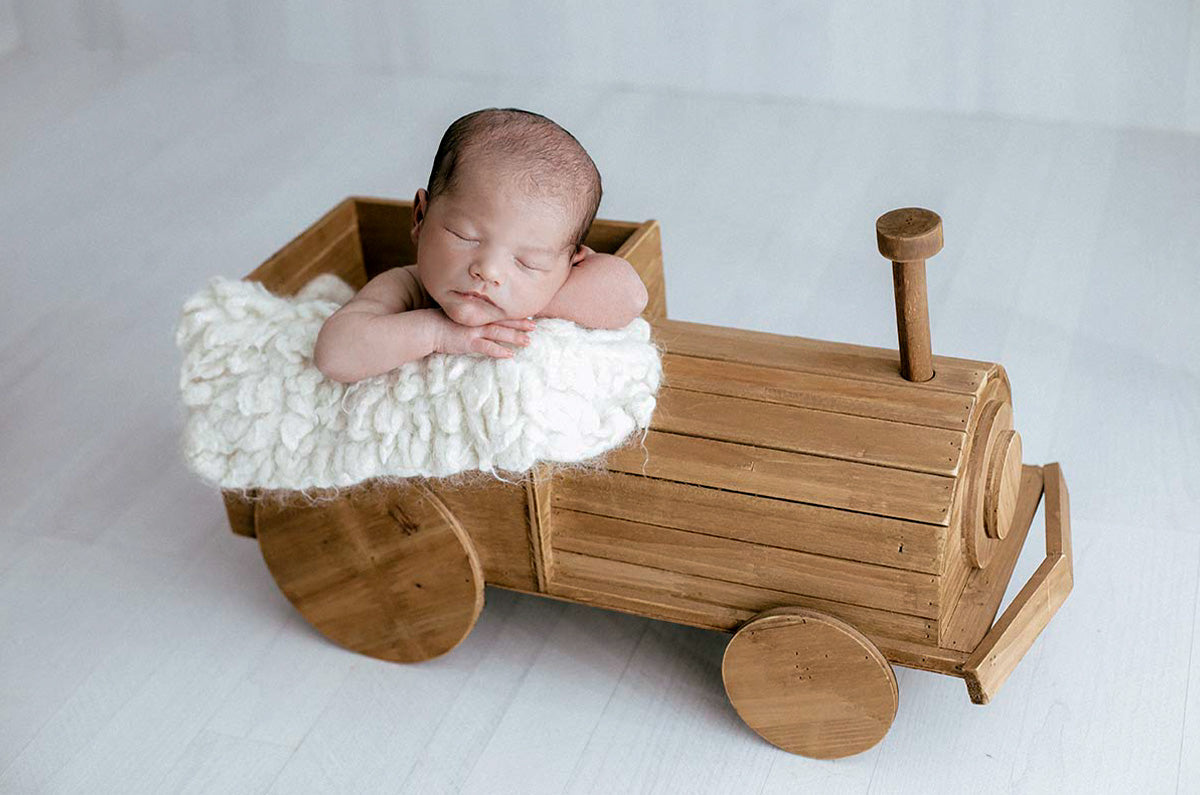 Rustic wooden train prop for newborn photography, ideal for creating charming vintage-themed baby photoshoots, Newborn Studio Props product