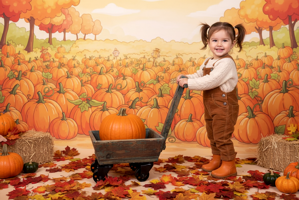 Toddler in corduroy overalls pulls a rustic wagon with pumpkin, a festive newborn photography prop.