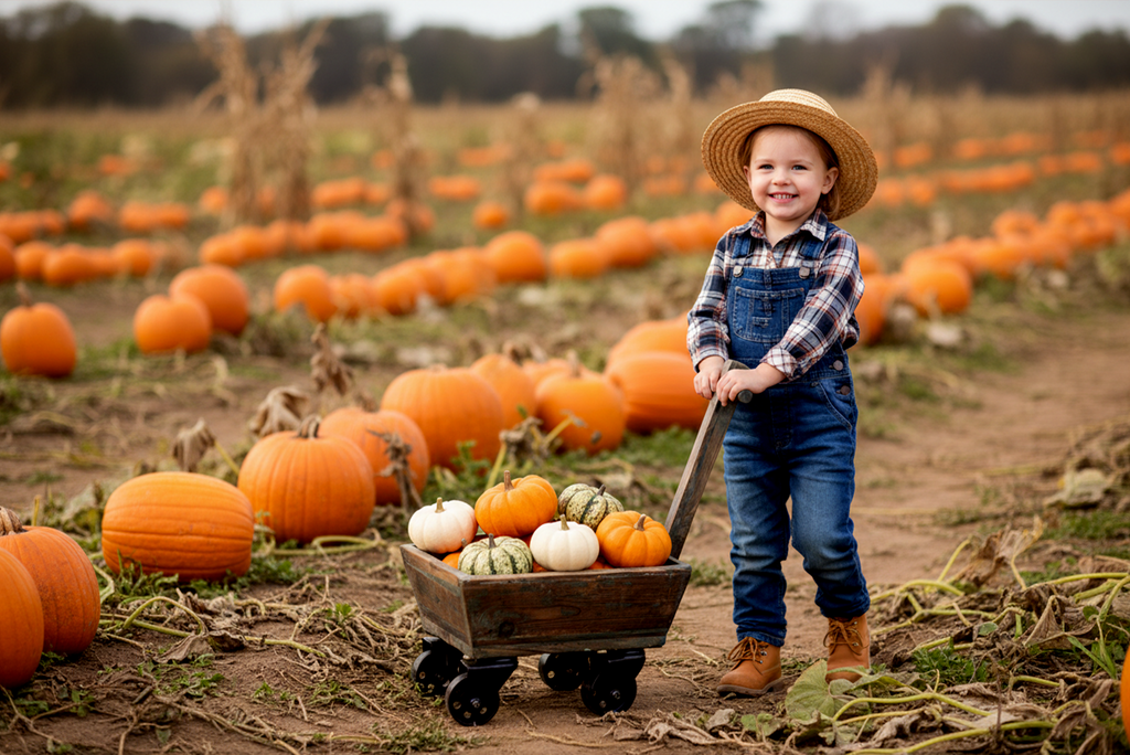 Smiling toddler in overalls pulls a rustic wooden wagon full of pumpkins, a charming newborn photography prop.