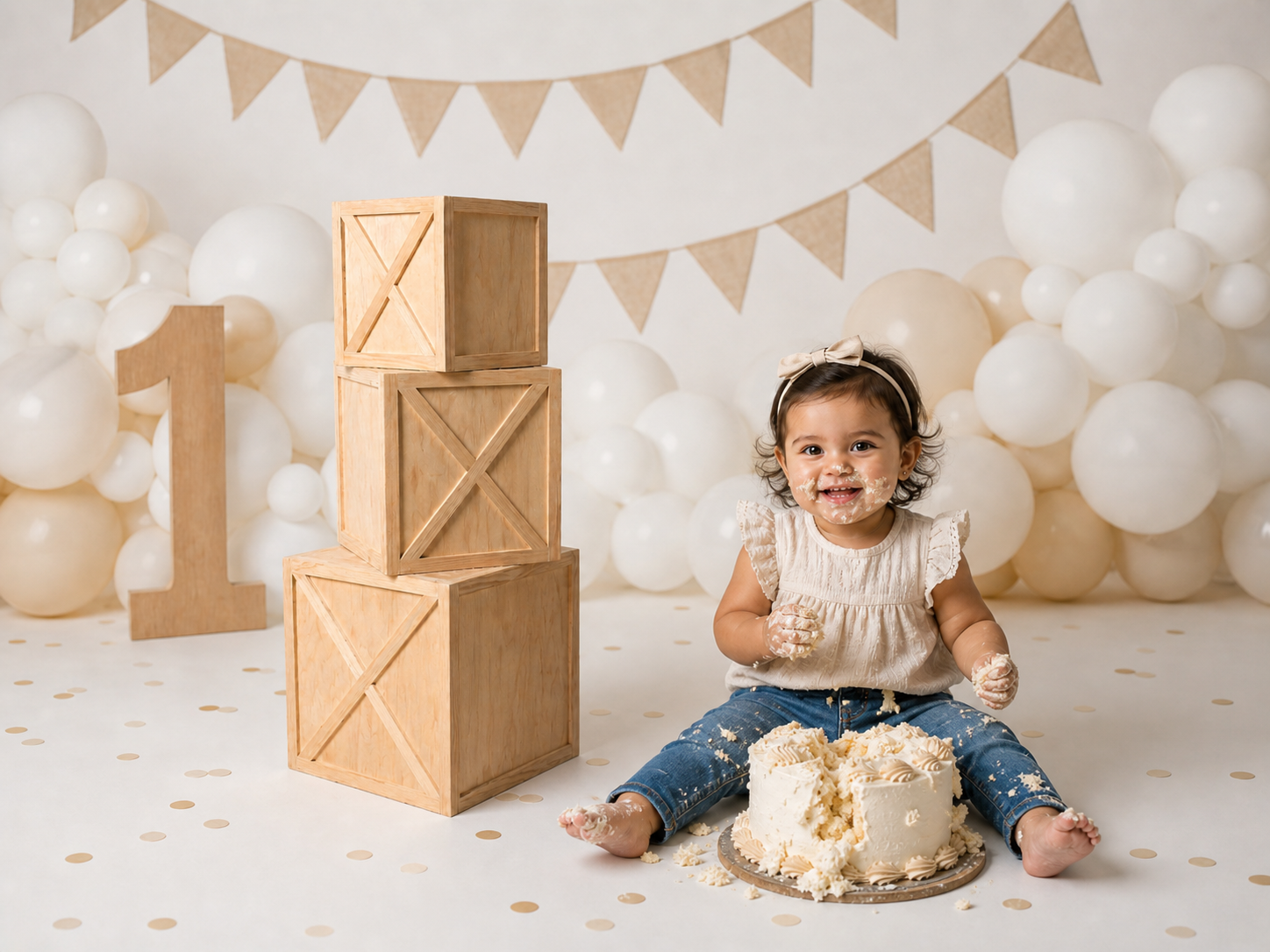 Child celebrating a first birthday with wooden block props and a cake, surrounded by balloons and a number '1'. Props for milestone session