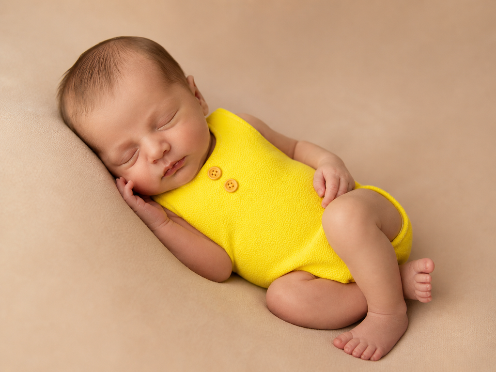Newborn baby in a yellow sleeveless romper outfit sleeping on a beige blanket